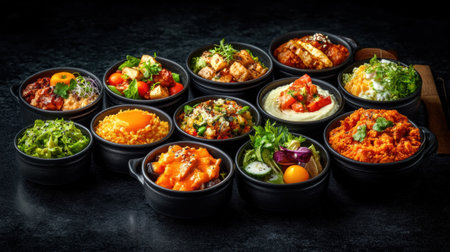 An Exquisite gourmet cuisine displayed artistically in black bowls, featuring vibrant colors and diverse texturesの素材