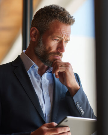 A thoughtful businessman using tablet, reflecting on ideas and decisionsの素材