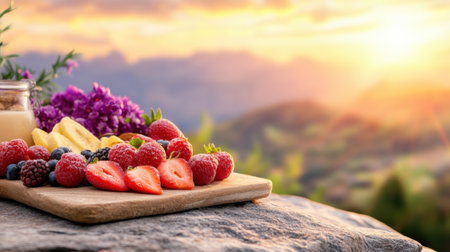 A Fresh fruit breakfast served on rock ledge with beautiful sunset viewの素材