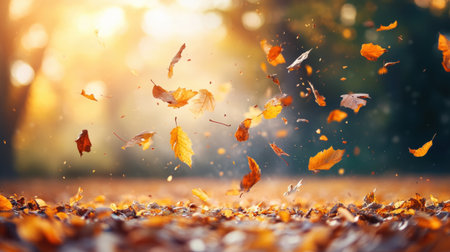 A Falling autumn leaves create beautiful scene in park, capturing essence of crisp air and nature vibrant colorsの素材