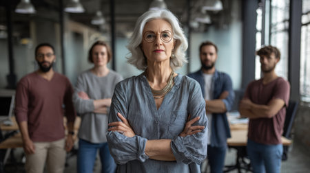 An empowered female leader standing confidently with her team in modern office spaceの素材