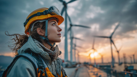 A female engineer safety gear gazes wind turbines during sunset, showcasing determinationの素材