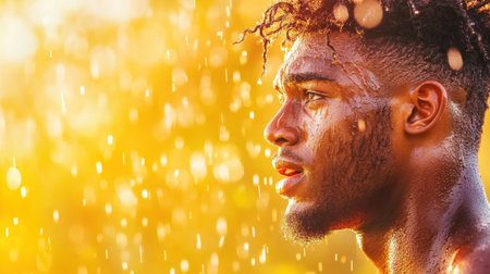 A Determined athlete in rain shower, showcasing strength and resilience during fitness journeyの素材