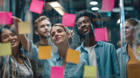A creative brainstorming session with diverse team using sticky notes in modern officeの素材