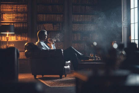 A sophisticated man enjoys drink while seated cozy library, surrounded by books and warm lightingの素材