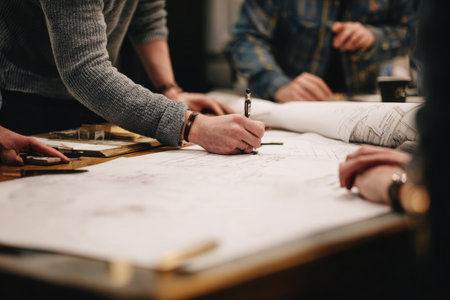 A sketching and writing on large blueprints, hands engaged in creative work, collaboration evidentの素材