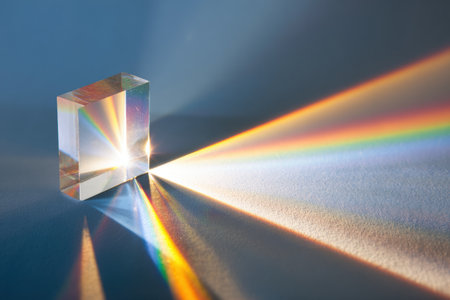 A glass prism refracting light, creating beautiful spectrum of colors on surfaceの素材
