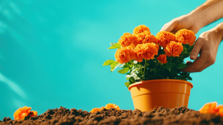 A Planting vibrant orange flowers in pot, showcasing gardening skills and love for natureの素材
