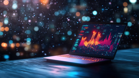 A modern laptop displaying vibrant data visualizations against blurred bokeh background, creating futuristic atmosphereの素材