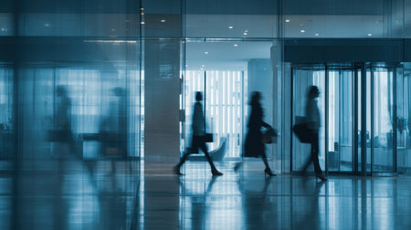 A silhouettes of employees walking through modern office lobby, creating dynamic atmosphereの素材