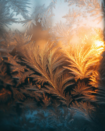A frost patterns on window with sunset glow create serene atmosphereの素材