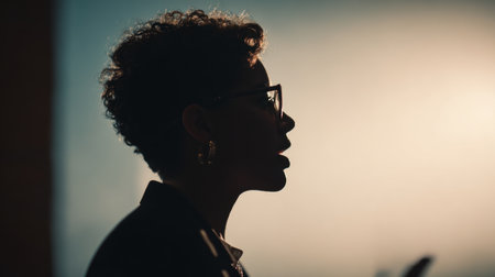 A profile silhouette of person with curly hair, wearing glasses and earrings, expressing emotionの素材