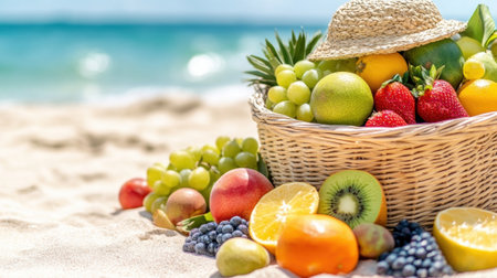 A Fresh tropical fruits in woven basket on sunny beach, evoking joyful picnic vibeの素材