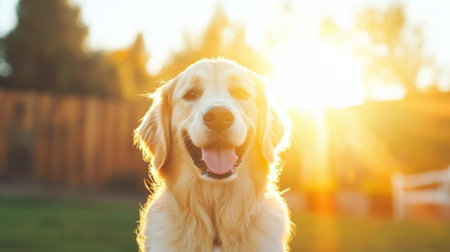 A happy golden retriever dog enjoying sunny day outdoors, radiating joy and warmth in golden lightの素材