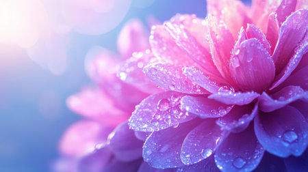 A close up of vibrant pink flower with water droplets, showcasing its delicate petals and soft bokeh background, evokes senseの素材