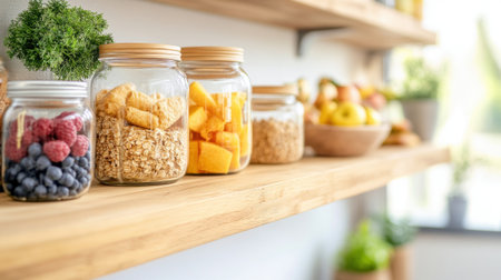A Healthy snacks in glass jars on wooden shelves create vibrant kitchen atmosphereの素材