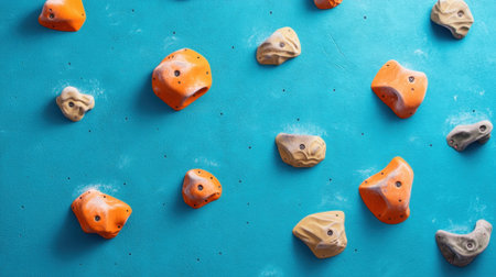 A Climbing wall with colorful holds on blue background, perfect for adventure enthusiastsの素材