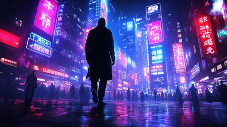 A person walks through vibrant urban landscape filled with neon lights and colorful advertisements, creating lively atmosphereの素材