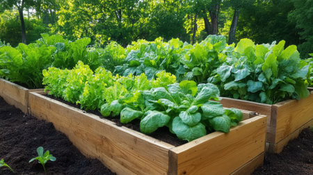 A Lush green vegetable garden with thriving lettuce and leafy greens in wooden plantersの素材