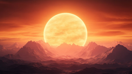 A breathtaking sunset over majestic mountains, casting warm orange hues across landscape, evoking sense of tranquilityの素材