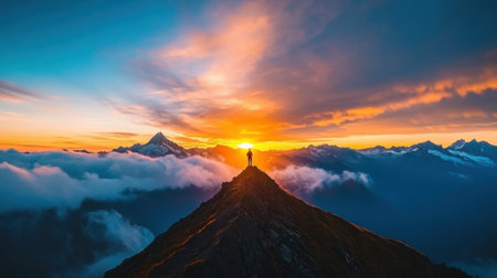 A Breathtaking mountain hike with lone traveler at sunset, surrounded by clouds and majestic peaksの素材
