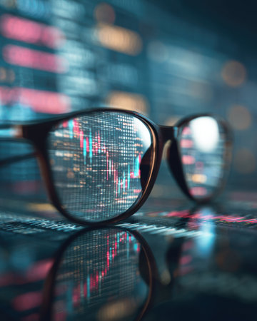 A glasses reflecting data charts and graphs, symbolizing financial analysis and insightの素材