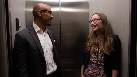 A candid interaction between two professionals in elevator, showcasing friendly atmosphereの素材