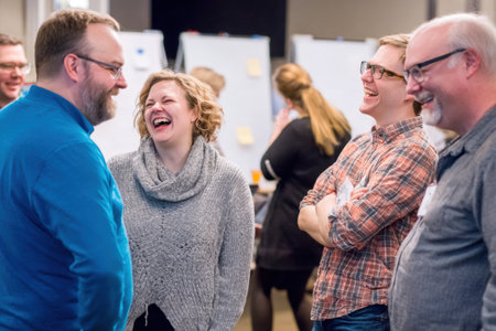 A laughter and joy fill room as friends engage in lively conversation during gatheringの素材