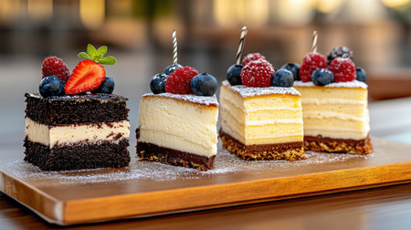 A Delicious desserts display with gourmet pastries, featuring layered cakes topped with fresh berries and mintの素材