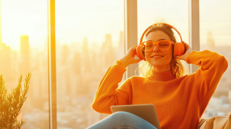 A Relaxing woman enjoying music in cozy setting with city viewの素材