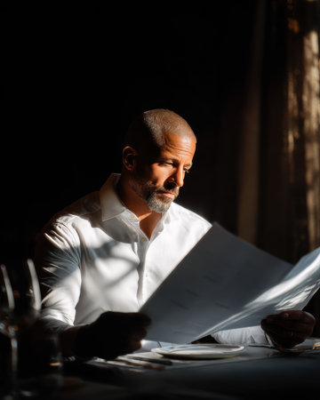 A man in white shirt reviews menu in dimly lit restaurant, showcasing focus and contemplationの素材