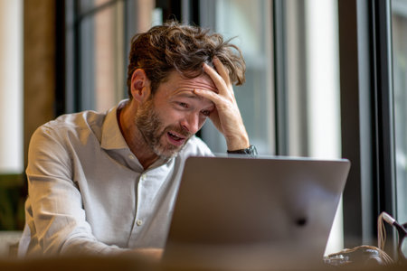 A frustrated man working on laptop in modern office environment, showing stress and concentrationの素材