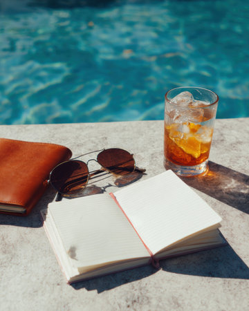 A stylish notebook and sunglasses on poolside table with refreshing drink, perfect for relaxationの素材