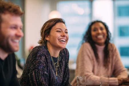 A laughing team members enjoying meeting, showcasing joy and camaraderie in modern office settingの素材