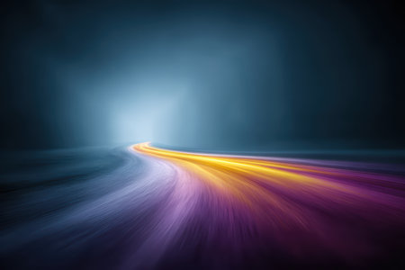 An abstract dynamic light trails curving into mysterious horizonの素材