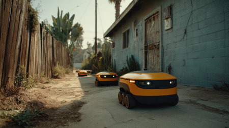 Autonomous delivery robots navigating clean alley with greenery and urban surroundingsの素材