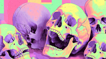 Colorful skulls with vibrant hues create striking visual, evoking sense of surrealismの素材