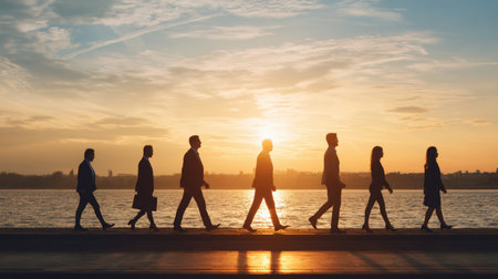 A business professionals walking along waterfront at sunset, showcasing teamwork and leadershipの素材