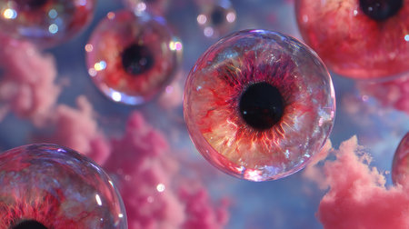 Floating eyeballs in surreal sky with pink clouds create dreamlike atmosphereの素材