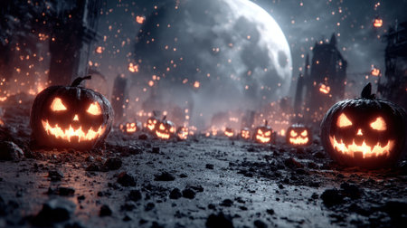 Eerie pumpkins glowing in haunted landscape under full moon create spooky atmosphereの素材