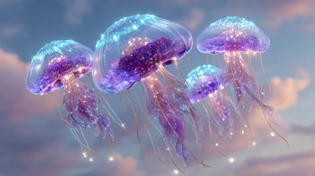 Floating jellyfish with glowing tentacles create magical scene in pastel skiesの素材