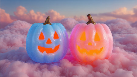 Glowing pastel pumpkins with cheerful faces float above fluffy clouds, creating whimsicalの素材