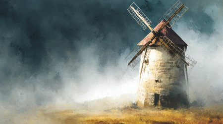 Haunted windmill stands in misty landscape, surrounded by swirling clouds and eerie atmosphereの素材