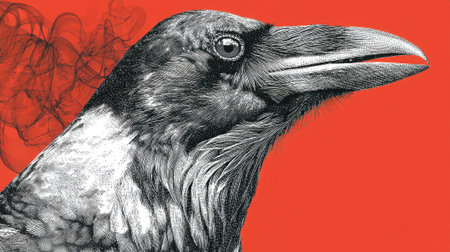 Detailed crow illustration with swirling smoke overlay vibrant red background evokes senseの素材