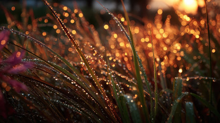 Dewdrops glisten on grass blades, illuminated by warm sunlight, creating magical atmosphereの素材
