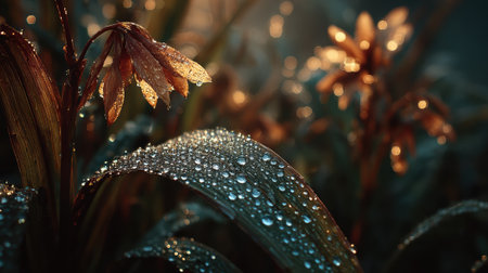 Dewdrops on grass and flowers glisten in sunlight, creating serene and magical atmosphereの素材