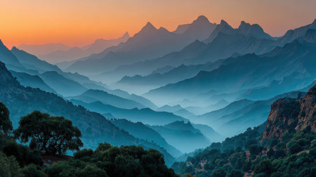Majestic mountain landscape at dawn with mist and warm glow, creating serene atmosphereの素材