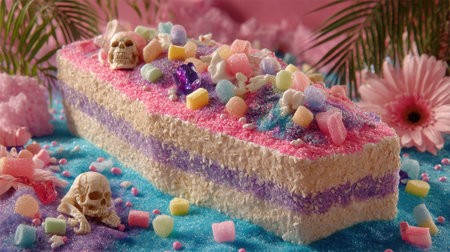 Colorful cake with decorative toppings, featuring skulls and vibrant candies, evokes playfulの素材