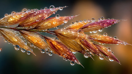 Dewdrops glisten on vibrant grass blades, showcasing nature beauty in sunlightの素材
