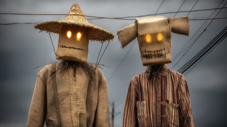 Scarecrows with glowing eyes stand under cloudy sky, creating spooky atmosphereの素材